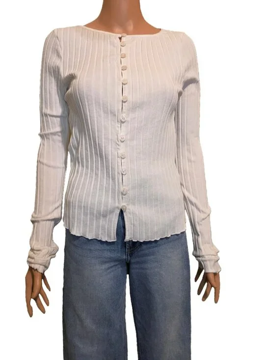 Free People Tilly Rib Long Sleeve Button-Up Top NWT White Large - Picture 2 of 9